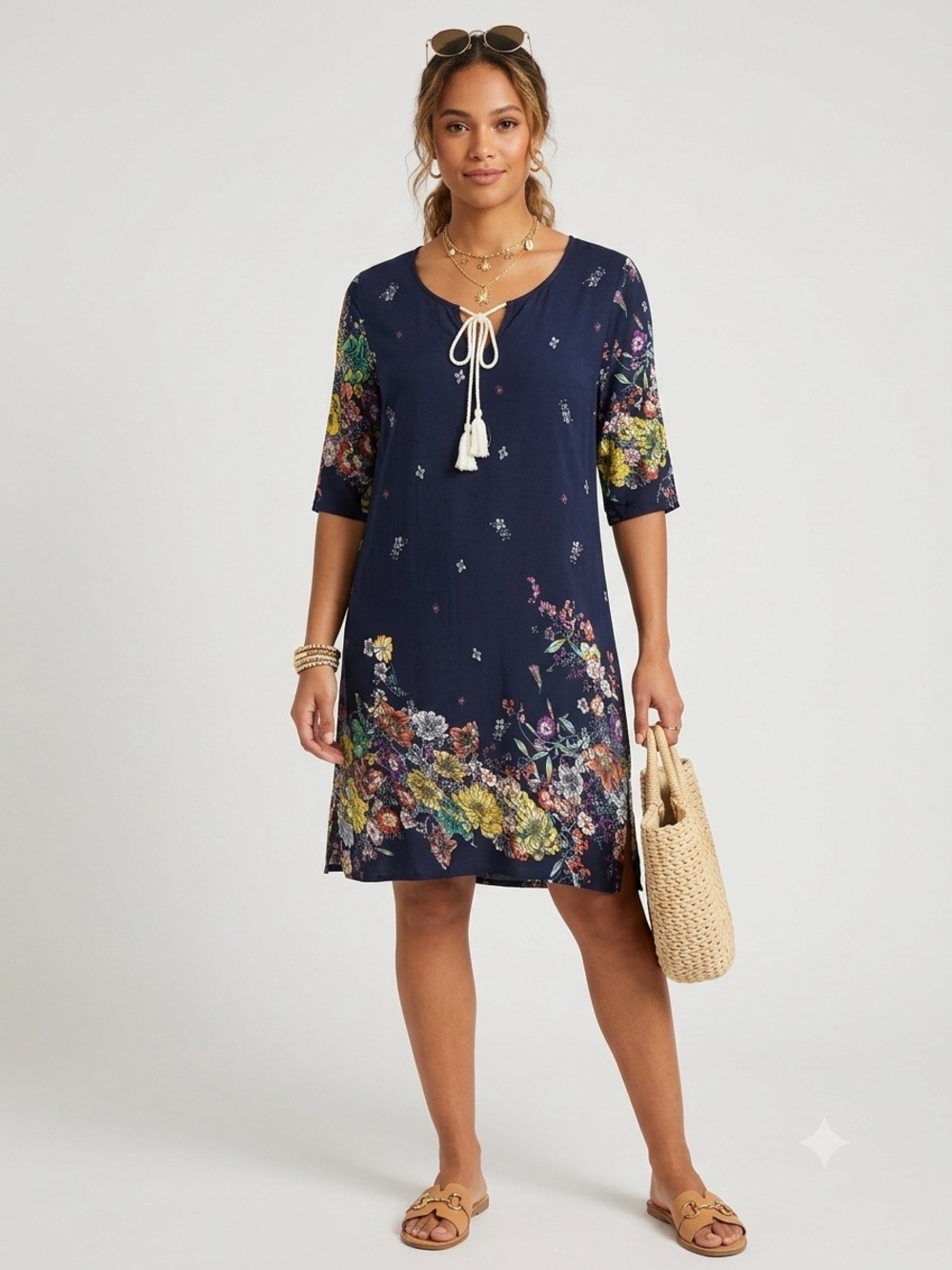 ARANEE Navy Blue Floral Border Print Tassel Tie Shift Dress Size Large L Boho